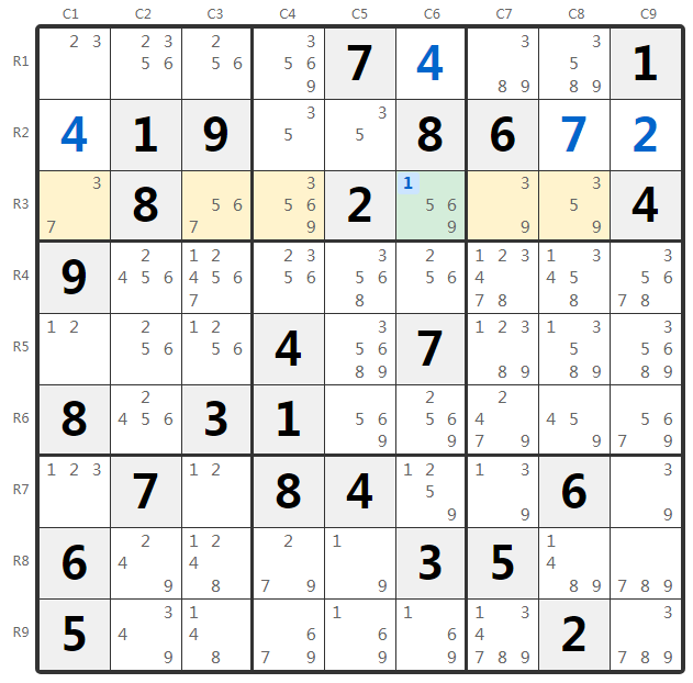 Ejemplo Hidden Single Sudoku - Análisis de fila