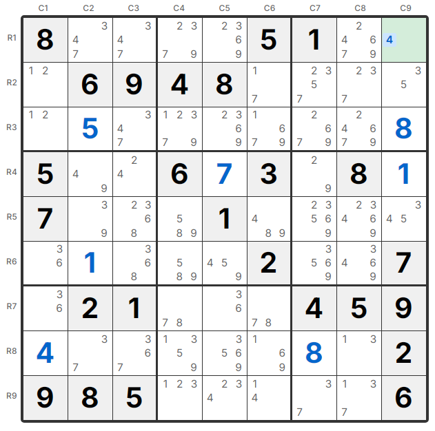 Ejemplo Single Desnudo - R1C9 solo tiene candidato 4